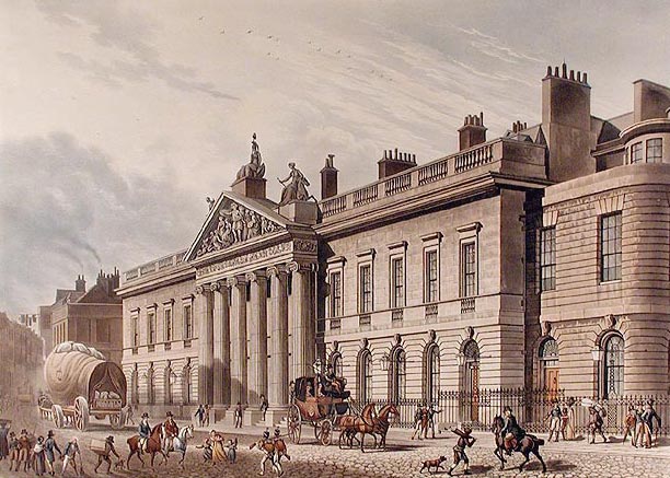 East India House on Leadenhall Street, London: headquarters of the East India Company, drawn by Thomas Hosmer Shepherd, c. 1817